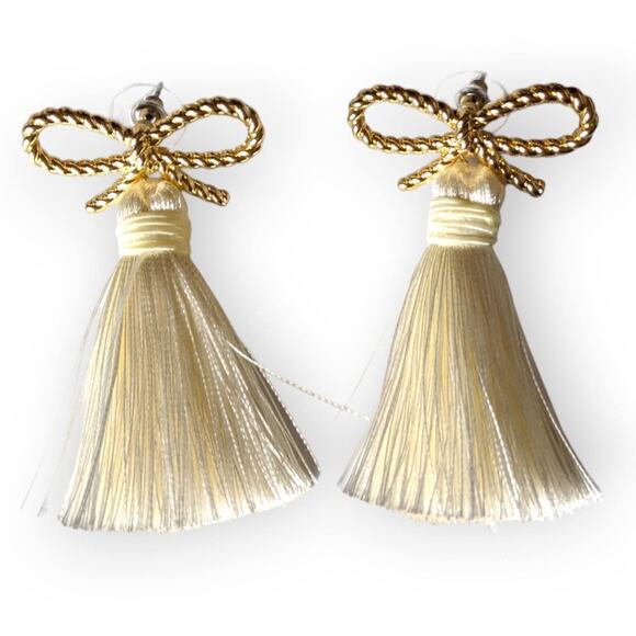 Golden bow and white/ cream colored tassel earrings - Picture 1 of 7